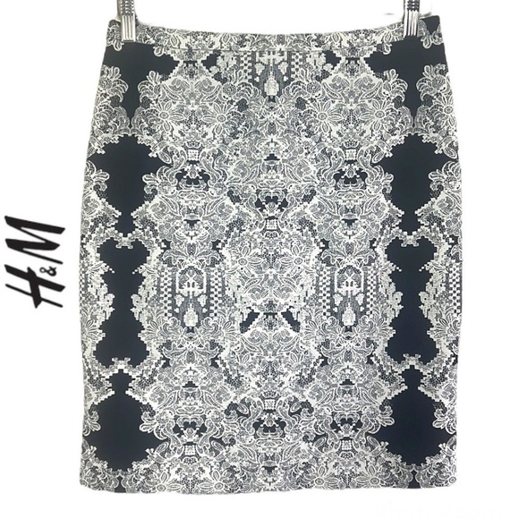 H&M Black And White Patterned Pencil Knee Length Skirt Size 10 - Picture 1 of 15